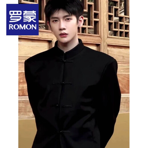 Luo Meng New Chinese Men's Suit Men's High-end Spring and Autumn Stand-up Collar Shoulder Pad Jacket Mao Suit Tang Suit Casual Wear Suit Black Mao Suit S