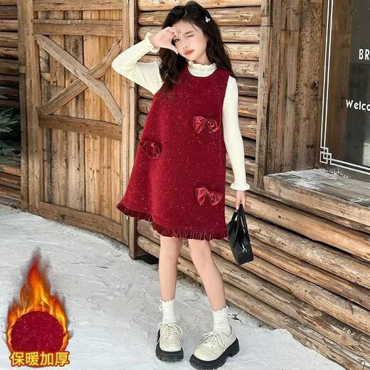 Girls autumn and winter dress two-piece set new style children's sundress suit girl red New Year skirt picture color 140