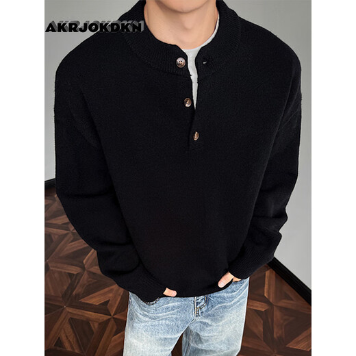 AKRJOKDKN American retro Henry collar button-up sweater for men in winter, high-end sweater, loose casual bottoming top, floral gray, high quality XL