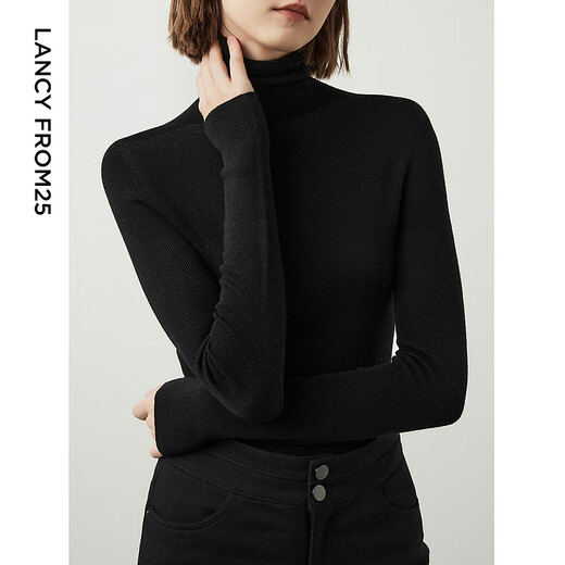 Langzi Qiji Red Wool Basic Wardrobe Pure Wool Wool Sweater Winter New Slim Long Sleeve Sweater Black 2 M