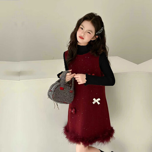 G.duck Little Yellow Duck Girls' Autumn and Winter Plush Woolen Dress Children's Birthday Dress Little Girl's Fashionable Thickened Skirt Black Suit Two-piece Set 160 CM