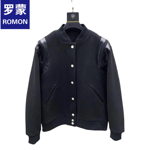 ROMON black short woolen baseball jacket men's winter warm padded jacket handsome leather jacket cotton jacket black L