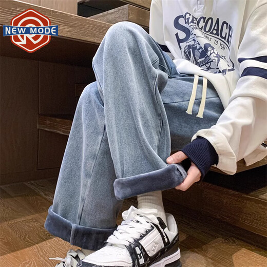 NEW OR MODE retro jeans men's autumn and winter new velvet thickened trendy brand straight pants American loose wide-leg trousers light blue velvet XL