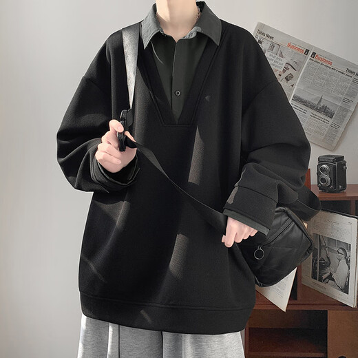 American heavyweight Henry collar polo sweatshirt men's autumn and winter design high-end fake two-piece V-neck inner long-sleeved T-shirt black M