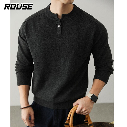 Lords Sweater Men's American Henley Collar Wool Sweater Men's Autumn and Winter Retro Round Neck Button Casual Warm Sweater Men Carbon Gray XL Recommended 130-145Jin Jin equals 0.5kg