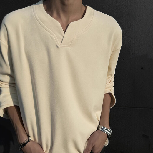 Heavyweight German velvet V-neck long-sleeved T-shirt men's autumn and winter cleanfit American fashion brand inner layering shirt sweatshirt Henry Black M