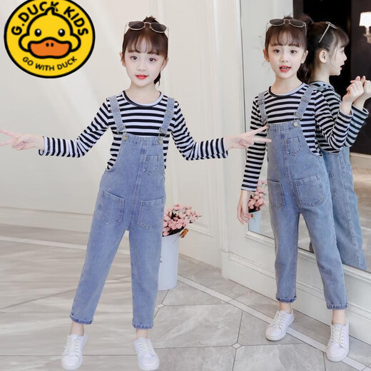 G.DUCKKIDS spring and autumn girls' denim buckle overalls 2025 new style medium and large children's loose children's suspender trousers light blue children's suspender trousers 140 cm