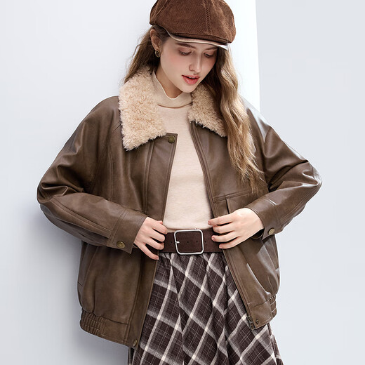 Betu Women's 2025 Winter New Short Jacket Particle Lapel Eco-Friendly PU Leather Trendy Jacket Women 2511T33 Brown L