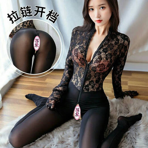 Universal women's large size one-piece stockings, tight hip-covering, open lace, sexy transparent zipper, adult flirt, black lace jumpsuit + gloves XL 100-130Jin Jin equals 0.5kg