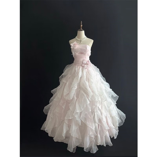 SHANDONGSHAONV pink fairy-like fugitive princess evening dress beautiful girl birthday party art test performance tutu skirt pink L