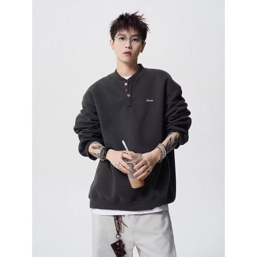 Heavy letter sweatshirt men's autumn and winter American fashion brand Henry collar long-sleeved retro inner layering shirt jacket black XL recommended 120-140Jin Jin equals 0.5 kg