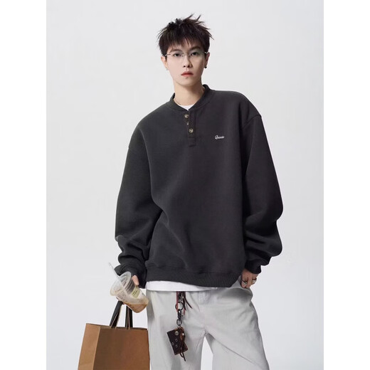 Heavy letter sweatshirt men's autumn and winter American fashion brand Henry collar long-sleeved retro inner layering shirt jacket black XL recommended 120-140Jin Jin equals 0.5 kg