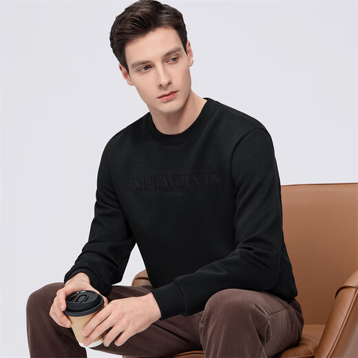 Septwolves 7A antibacterial cotton round neck sweatshirt for men spring new simple solid color commuter long-sleeved top 001 (black) XL 175/92A