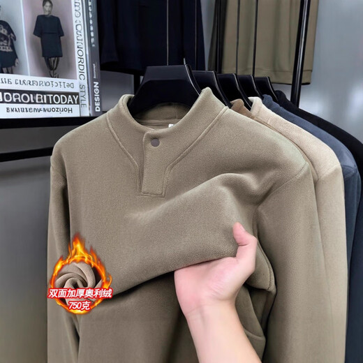AX one-button double-sided Austrian velvet sweatshirt for men in autumn and winter new style Henry collar plus velvet thickened outer wear inner top Gray M (recommended 95-110Jin Jin equals 0.5kg)