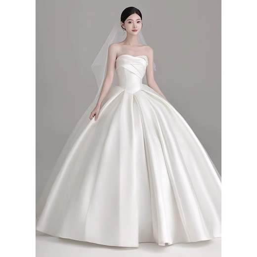 SHANDONGSHAONV French simple light wedding dress bride 2025 new satin main yarn texture small trailing main yarn simple floor-length wedding dress three-piece set M