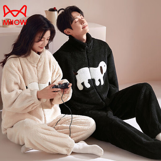 Cat Man Coral Fleece Couple Pajamas Autumn and Winter 2025 New Thick Velvet Casual Cartoon Flannel Ladies Home Clothes 89115 M
