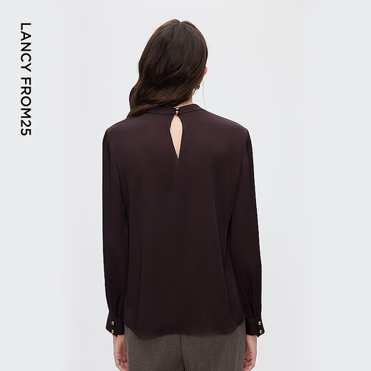 Langzi Pinch-pleat Hollow Design Shirt Fashionable Drape Commuting Metal Button Shirt 2025 Winter New Style Chocolate Color XL