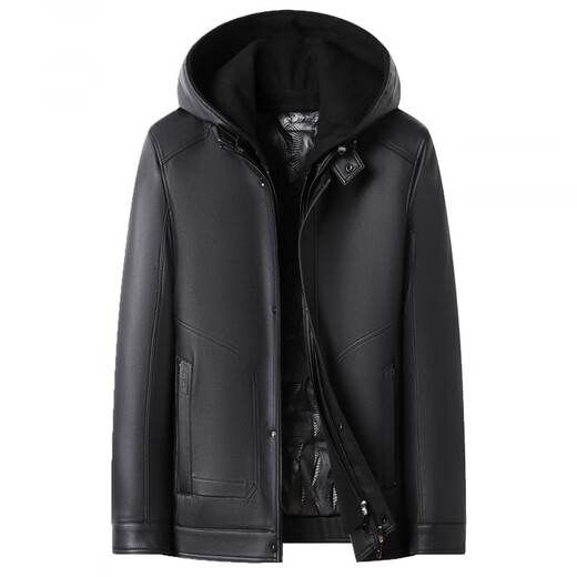Hengyuanxiang Hooded Leather Jacket Men's Winter Jacket Thickened Warm Autumn and Winter New Dad Leather Jacket Black (Warm and High Quality) M 170 Recommended 90-120 Jin Jin equals 0.5 kg