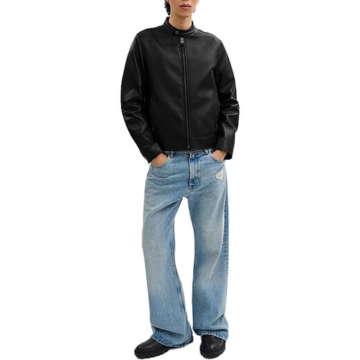 COACH FW24 Solid Color Stand Collar Zipper Long Sleeve Leather Jacket Men's Black Black L