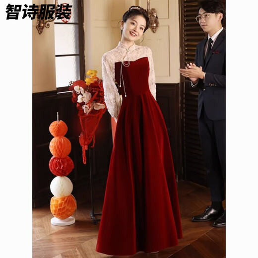 Meianjia Toast Wear Bridal New New Chinese Style Slim Fit Velvet Engagement Wedding Dress Dress Burgundy 2XL