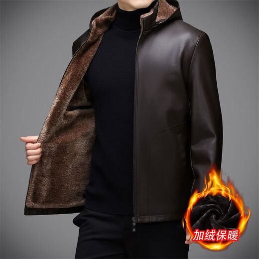JOEONE 2025 Autumn and Winter Fur One-piece Stand Collar Hooded Leather Jacket Men's Velvet Thickened Casual Leather Jacket Black M