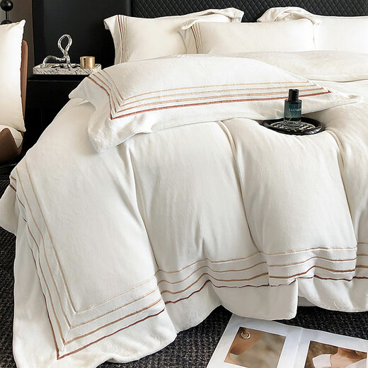 Hengyuanxiang Class A thickened warm milk velvet four-piece winter coral velvet baby velvet light luxury white bedding quilt single piece milk coffee color bed sheet single quilt cover 200*230