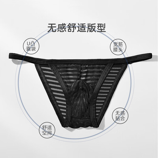 Men's mesh striped underwear thin strap thong low waist sexy translucent triangle breathable summer young men white M