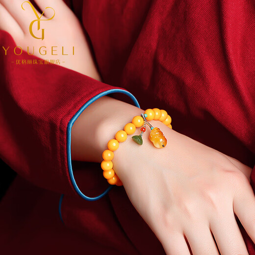 Yogurt natural beeswax bracelets for women, yellow round beads, amber beeswax single circle Pixiu accessories bracelet, beads 8mm