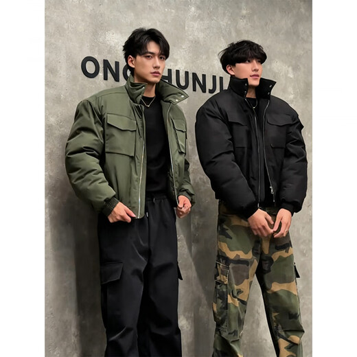 XUANSENTU American short high-collar light cavalry cotton coat men's autumn and winter tough guy wear work clothes stand-up collar jacket cotton coat A233-S378 black cotton coat upgraded version 2XL