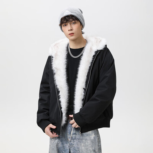 VUUG cotton jacket men's solid color American plush hooded casual trendy Korean fashion warm cotton jacket black S