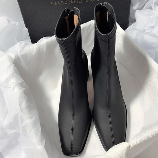 眺德高女靴春秋新款尖头高跟短筒皮靴时尚百搭简约时装靴瘦瘦靴子女 黑色 单层 7cm 37