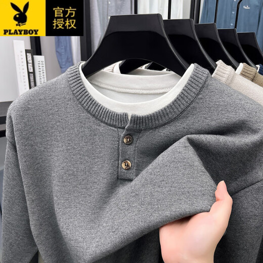 Playboy (PLAYBOY) Heavy Duty Fake Two-Piece Sweater Men's Fall 2025 American Retro Sweater Thickened Warm Henley Collar Sweater Jacket Gray L (170)
