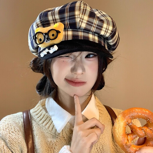 JIOESC японские милые очки, шляпа художника в клетку с медведем, восьмиугольный берет, женский осенне-зимний берет с большой окружностью головы, показывающий лицо, маленький берет в клетку с медведем в стиле ретро