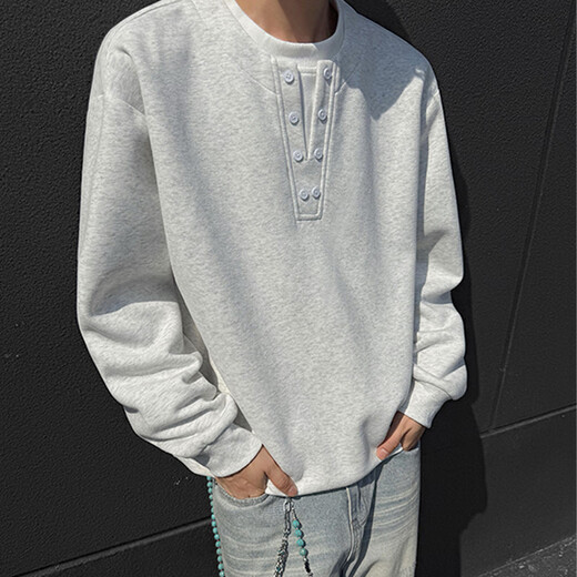 Dingfengbaoluo American fake two-piece sweatshirt Henry collar loose trend versatile solid color casual long sleeve CWJ19 white flower gray M