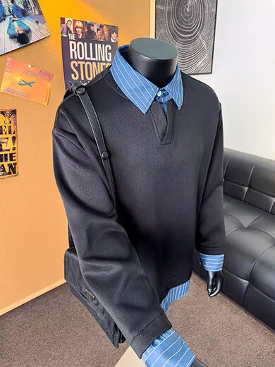 Gray fake two-piece shirt collar sweatshirt for men, spring American polo shirt, Henry collar long-sleeved T-shirt inner top, white floral gray, upgraded style M, priority for collection and purchase b