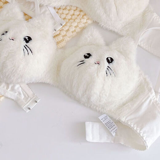 Autumn and winter warm, plush, sweet and super cute push-up red panda cat cute bra set, cat single-piece underwear (no wire) L (75BC 80AB)