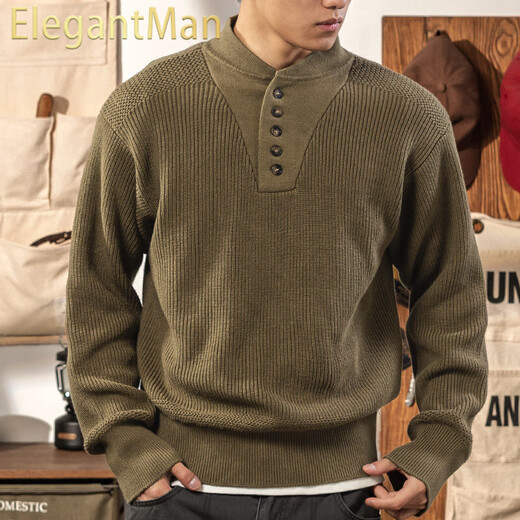 ElegantMan American retro Henry collar sweater men's khaki 2025 winter new thickened warm knitted bottoming shirt Henry shirt green khaki S