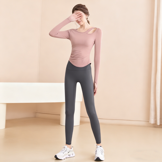 Bo Naling Yoga Wear Two-piece Set for Women Running Quick-Drying Fitness Pilates Training Dance Wear Long Sleeve Pants Suit Slanted Shoulder Hollow Yoga Suit Pink Clothes + Gray Pants L Suitable for 105-115 Jin Jin equals 0.5 kg