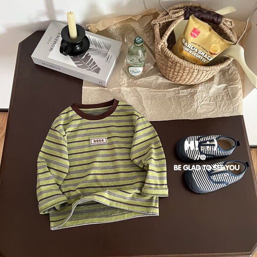 Hao Shu children's products in stock Autumn new 2025 fashionable boys versatile Western style striped long-sleeved T-shirt Green 120 60