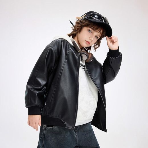 ASK JUNIOR children's jacket 2025 autumn medium and large children's trendy cool leather motorcycle style jacket boys soft and skin-friendly black