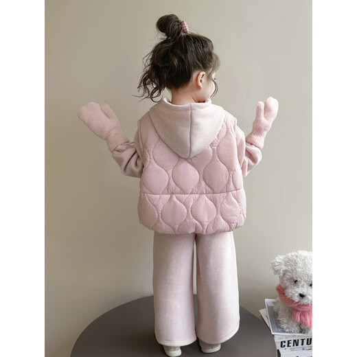 NACJOM Girls' Velvet Thickened Suit Autumn and Winter 2025 New Children's Fashionable Wear Baby Girl Winter Vest Three-piece Set Pink 90 cm