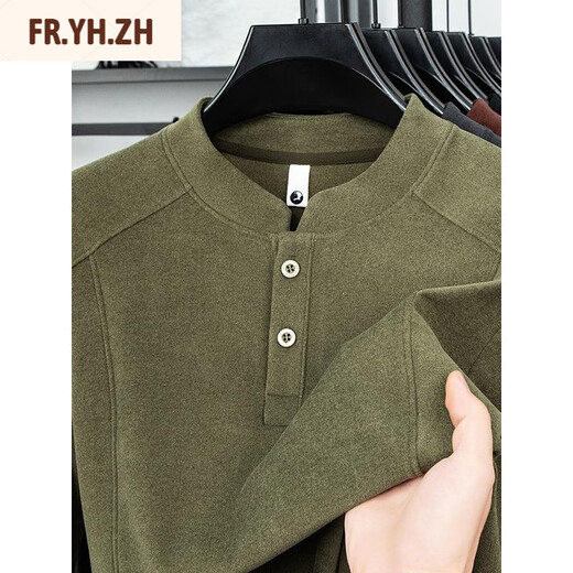 FR.YH.ZH Xinxin light luxury men's double-sided German velvet bottoming shirt men's Henry collar trendy versatile long-sleeved T-shirt stand-up collar sweatshirt green 3XL 175-200Jin Jin equals 0.5 kg