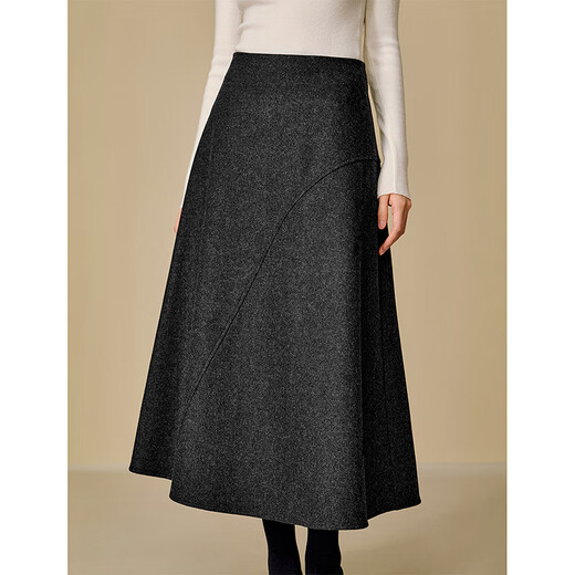 INMAN Simple Commuting Black Wool Skirt 2025 Winter Women's New Slim A-Line Skirt Midnight Black L