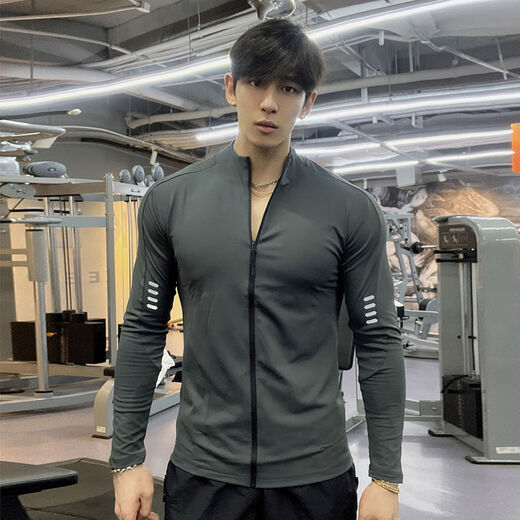 American fitness clothes men's sports long-sleeved cycling jacket quick-drying slim stretch running training zipper cardigan gray M M size recommended 100-120 Jin Jin equals 0.5 kg