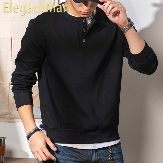ElegantMan Black 350g Heavyweight Henley Collar Sweatshirt Men's 2025 Winter Season American Retro Henley Shirt Bottoming Long Sleeve Black M