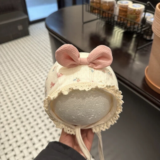 宝宝帽子春秋护耳帽可爱韩版纯棉系带宫廷帽婴幼儿出游包脸帽胎帽 米色_蝴蝶结 170 0-6个月帽围36-40cm_均码