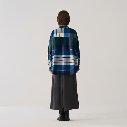 MUJI Women's Flannel Shirt Collar Wide Long Sleeve Shirt Women's Plaid Shirt Jacket 25 Winter Women's Green Plaid S (155/80A)