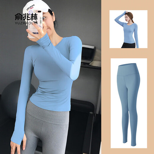 Yoga clothing set for women's fitness and Xianqi yoga new Pilates spring and autumn tops 8010 black long sleeves + 8002 sapphire blue trousers M medium size recommended 94-104 Jin Jin equals 0.5 kg