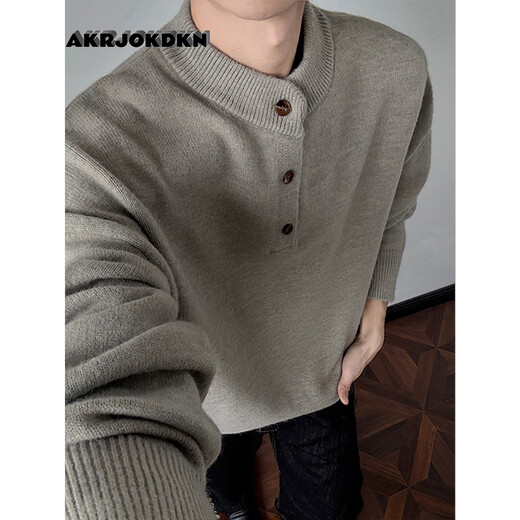 AKRJOKDKN American retro Henry collar button-up sweater for men in winter, high-end sweater, loose casual bottoming top, floral gray, high quality XL