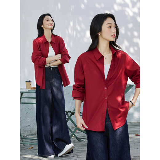 Vimly cotton and linen blended long-sleeved shirt jacket for women spring new design top jacket Reson red XL